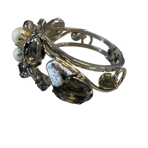 Vintage Silver-Tone Bracelet with Faux Pearls & Smoky Quartz Crystals Statement - Picture 3 of 15